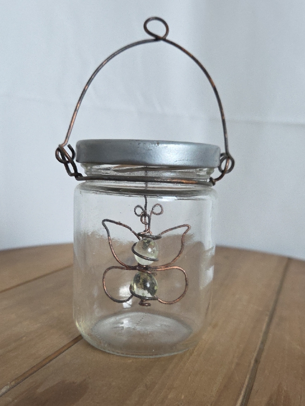 Glass Hanging Jar Lantern with Silver Lid and Copper Butterfly Accent